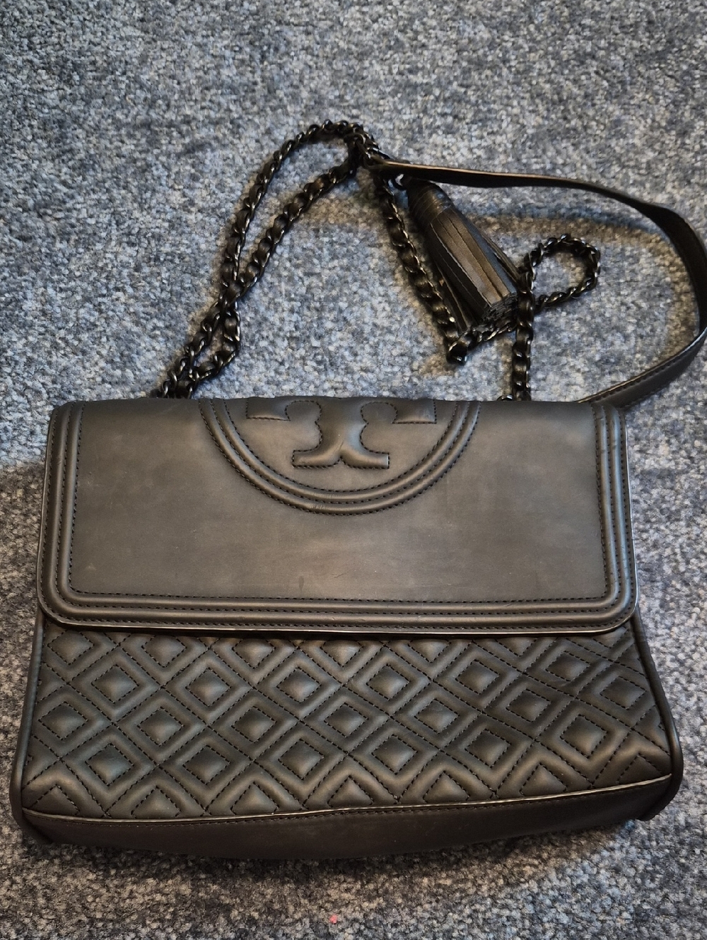Tory Burch Fleming Matte Black Quilted Flap Shoulder Bag with Chain Strap